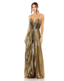 Metallic Pleated V-Neck Jumpsuit