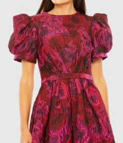 Puff Sleeve Brocade Mini Dress -Fashion Dress Shop 27475 PinkMulti CL