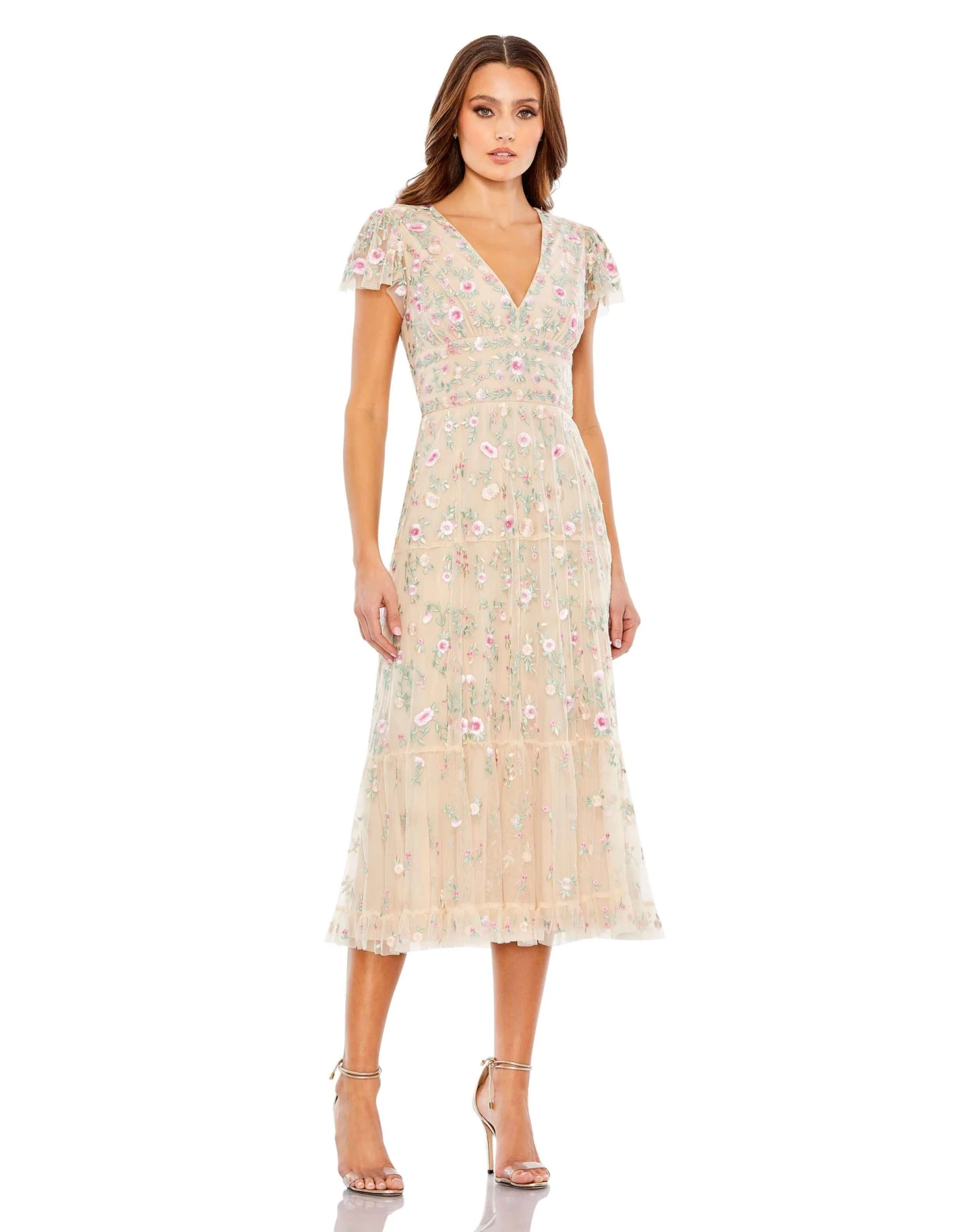 Embroidered V Neck Cap Sleeve Midi Dress 1 Embroidered V Neck Cap Sleeve Midi Dress