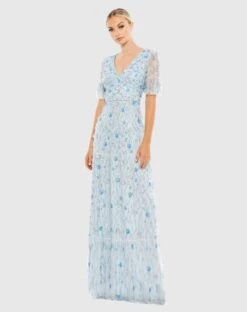 Embellished V Neck Empire Waist Ruffle Hem Gown