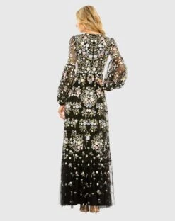 High Neck Floral Embroidered Puff Sleeve Gown -Fashion Dress Shop 35161 Black BK