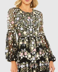 High Neck Floral Embroidered Puff Sleeve Gown -Fashion Dress Shop 35161 Black CL