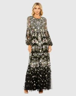 High Neck Floral Embroidered Puff Sleeve Gown -Fashion Dress Shop 35161 BLK Default 1 WS