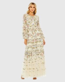 High Neck Floral Embroidered Puff Sleeve Gown