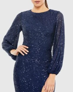 Sequined Puff Sleeve High Neck Dress -Fashion Dress Shop 42018 Midnight CL