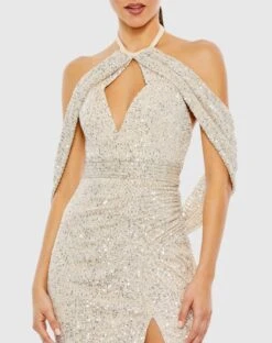 Sequined Draped Sleeveless Keyhole Cowl Back Gown -Fashion Dress Shop 42021 NudeSilver CL scaled