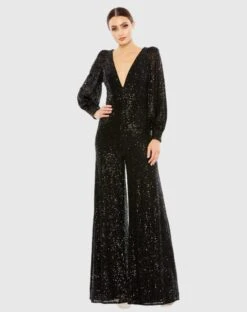 Sequined V Neck Bishop Sleeve Jumpsuit -Fashion Dress Shop 42028 Black AB scaled
