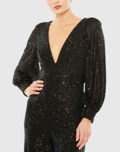 Sequined V Neck Bishop Sleeve Jumpsuit -Fashion Dress Shop 42028 Black CL