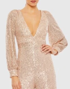 Sequined V Neck Bishop Sleeve Jumpsuit -Fashion Dress Shop 42028 RoseGold CL