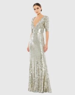 Sequined Short Sleeve Evening Gown