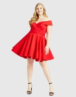 Off The Shoulder Faux Wrap Fit And Flare Dress (Plus)