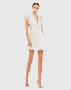 Ruffle Shoulder Empire Waist Deep-V Dress