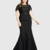 Lace Illusion High Neck Cap Sleeve Gown