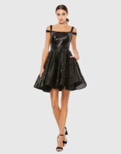 Sequined Cut Out Shoulder Skater Dress
