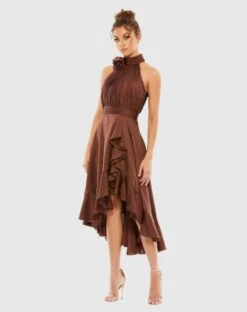 Halter Neck Flower Detail Ruffled Midi Dress -Fashion Dress Shop 49488 Chocolate AB scaled