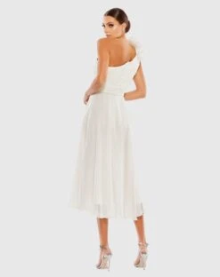 Rosette One Shoulder Tea Length Dress -Fashion Dress Shop 49491 White BK scaled