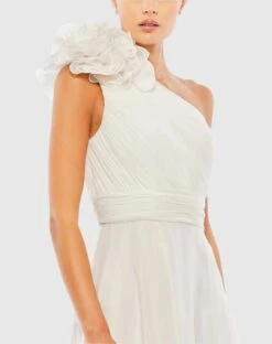 Rosette One Shoulder Tea Length Dress -Fashion Dress Shop 49491 White CL