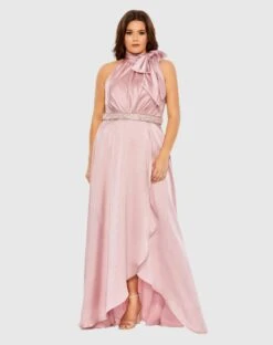 High Neck Soft Tie Beaded Belt Gown (Plus)