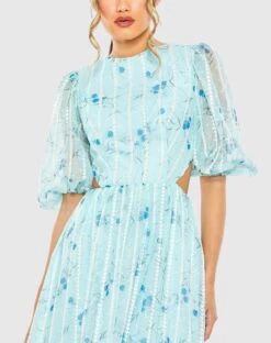 Lace Up Puff Sleeve Floral Dress 5 Lace Up Puff Sleeve Floral Dress -Fashion Dress Shop 49602 BlueFloral CL