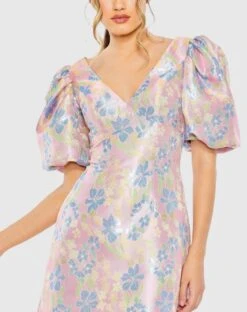 Floral Puff Shoulder Brocade Mini Dress 5 Floral Puff Shoulder Brocade Mini Dress -Fashion Dress Shop 49622 PinkMulti CL