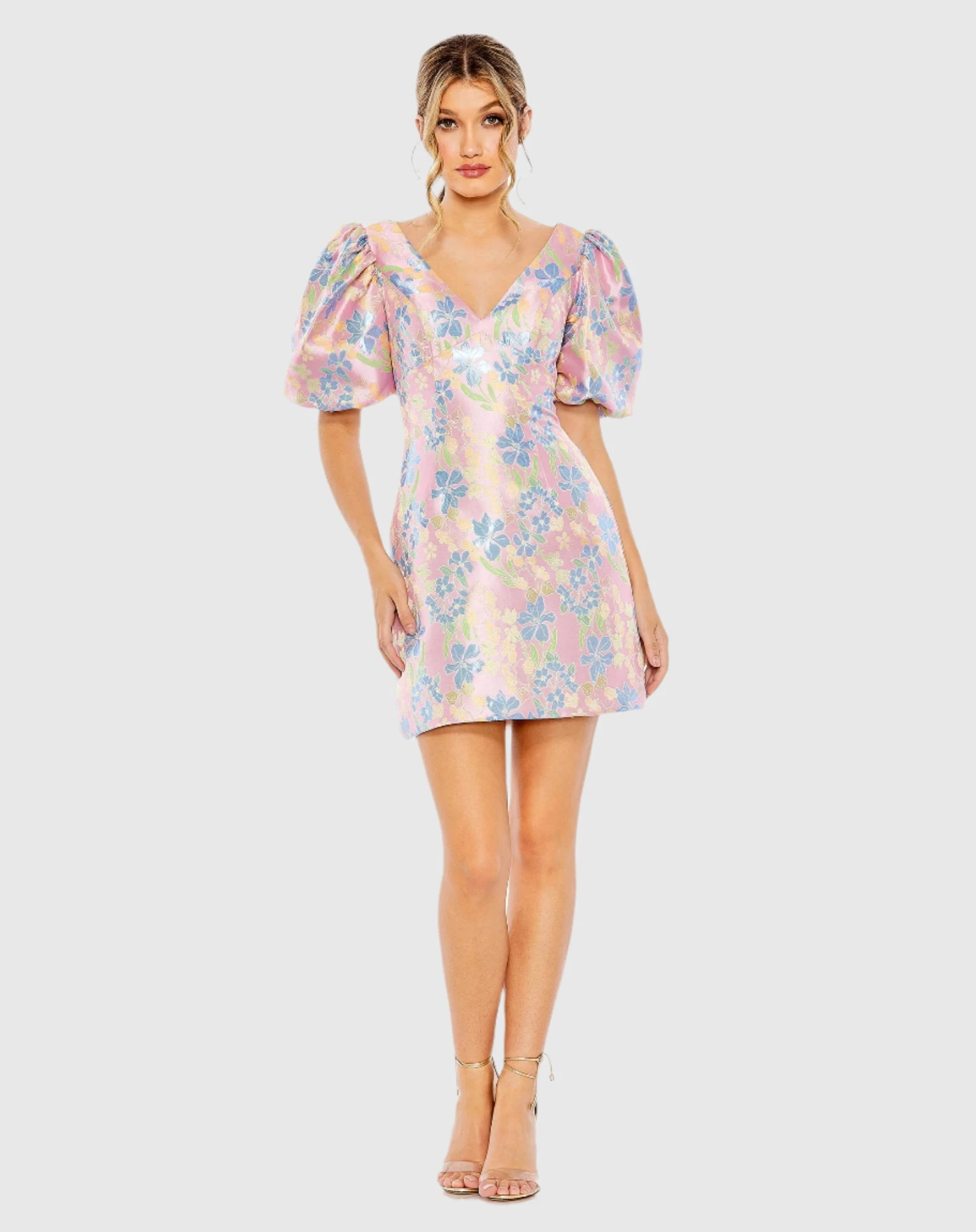 Floral Puff Shoulder Brocade Mini Dress 1 Floral Puff Shoulder Brocade Mini Dress