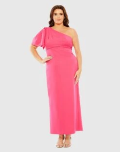 One Shoulder Tea Length Crepe Dress (Plus)