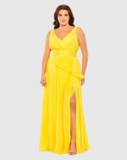 Chiffon Pleated V-Neck Ruffle Gown (Plus)
