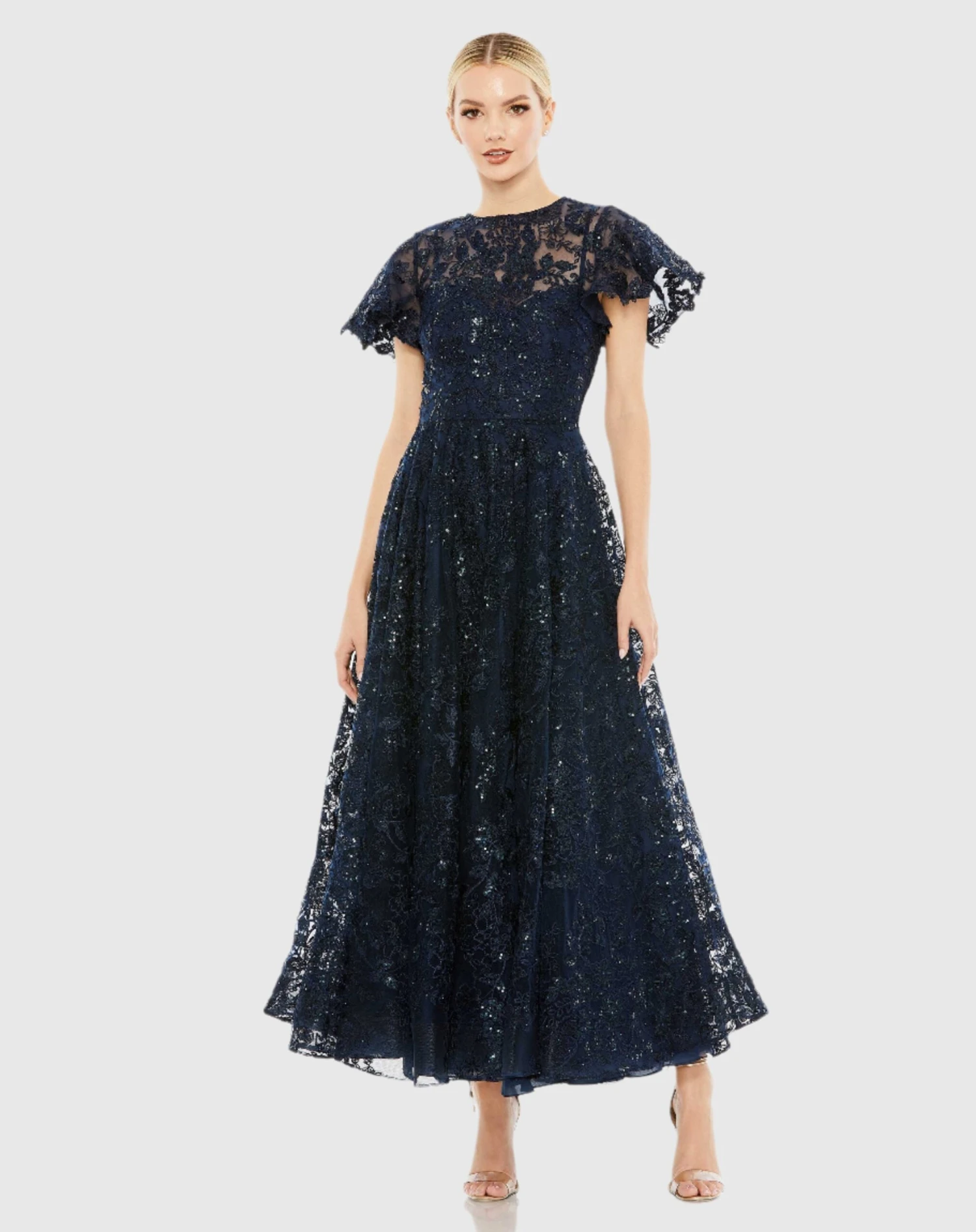 Embroidered High Neck Cap Sleeve A Line Gown 1 Embroidered High Neck Cap Sleeve A Line Gown
