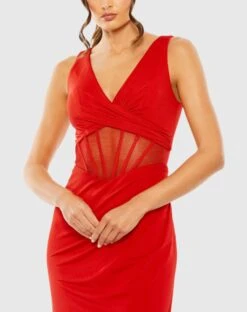 Sheer Mesh Caged Midriff V Neck Jersey Midi Dress -Fashion Dress Shop 50726 Red CL scaled