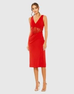 Sheer Mesh Caged Midriff V Neck Jersey Midi Dress