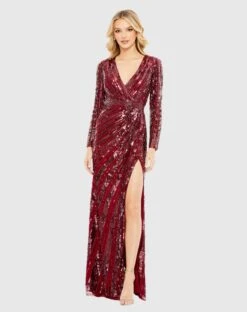 Sequin V Neck Long Sleeve Gown