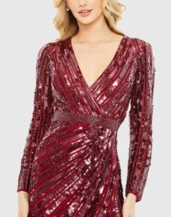 Sequin V Neck Long Sleeve Gown 5 Sequin V Neck Long Sleeve Gown -Fashion Dress Shop 5186 Burgundy CL