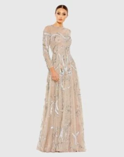 Fashion Dress Shop 5 Long Sleeve Embellished Illusion Evening Gown