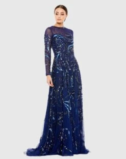 Long Sleeve Embellished Illusion Evening Gown -Fashion Dress Shop 5217D Midnight AB