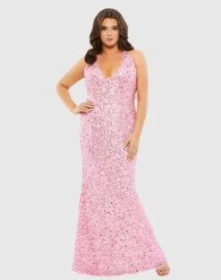 Sequined Halter Strap Open Back Trumpet Gown (Plus)