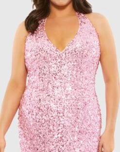 Sequined Halter Strap Open Back Trumpet Gown (Plus) -Fashion Dress Shop 5314 IcePink CL