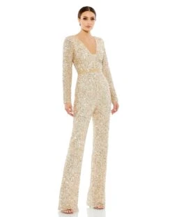 Sequined Long Sleeve Illusion Plunge Neck Jumpsuit