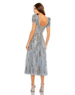 Beaded Short Sleeve Tea Length Dress -Fashion Dress Shop 5434 Silver BK scaled