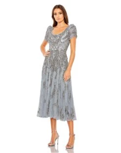 Beaded Short Sleeve Tea Length Dress