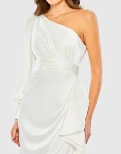 Satin One Sleeved Cocktail Dress -Fashion Dress Shop 55336 White CL scaled