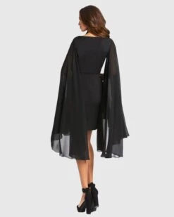Cape Sleeve V Neck Fitted Dress -Fashion Dress Shop 55358 BLK 3 WS