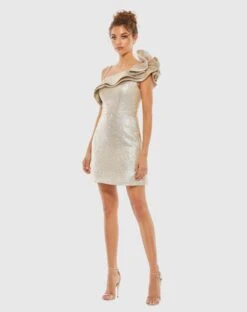 Metallic Asymmetrical Ruffle Shoulder Fit And Flare Dress