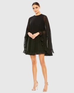 High Neck Ruffle Hem Cape Mini Dress 34 High Neck Ruffle Hem Cape Mini Dress -Fashion Dress Shop 55407 BLK Default 1 WS