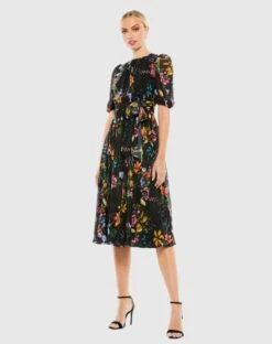 Floral Pattern High Neck Belted Midi Dress