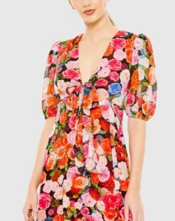 Floral Print Front Tie Puff Sleeve Flowy Midi Dress -Fashion Dress Shop 55626 RoseMulti CL scaled