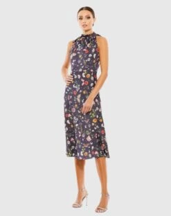 Floral Print Tie Neck Midi Dress