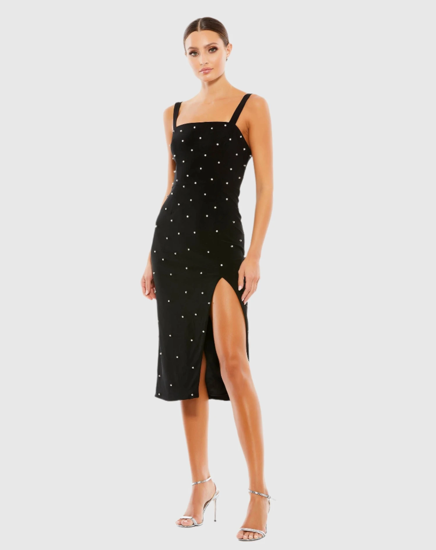 Sleeveless Rhinestone Encrusted Square Neck Midi Dress 1 Sleeveless Rhinestone Encrusted Square Neck Midi Dress