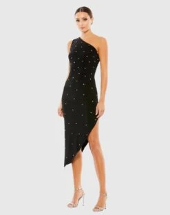 Rhinestone Encrusted One Shoulder Asymmetrical Hem Mid