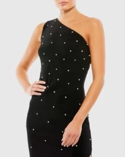 Rhinestone Encrusted One Shoulder Asymmetrical Hem Mid -Fashion Dress Shop 55646 Black CL