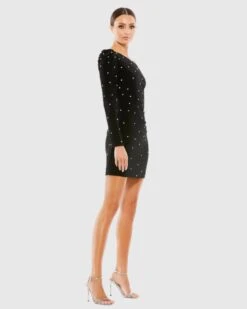 Rhinestone Encrusted One Shoulder Long Sleeve Mini Dress -Fashion Dress Shop 55667 BLK 4 WS scaled